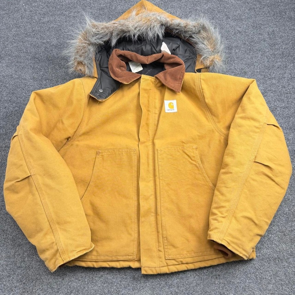 Vintage 90s Carhartt JQ186 Brown Arctic Quilt Lined Jacket w/ Fur Hood
